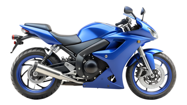A sleek blue sport motorcycle isolated on transparent background, showcasing its modern design and powerful engine, ideal for racing and touring