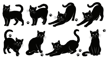 Charming black cats in various playful poses with paw prints, perfect for whimsical designs