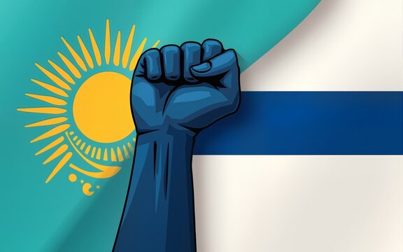 Kazakhstan national or independence day banner design for country celebration. Flag and map of Finland with raised fists. Modern retro design with abstract geometric icons. Vector illustration. - Powered by Adobe