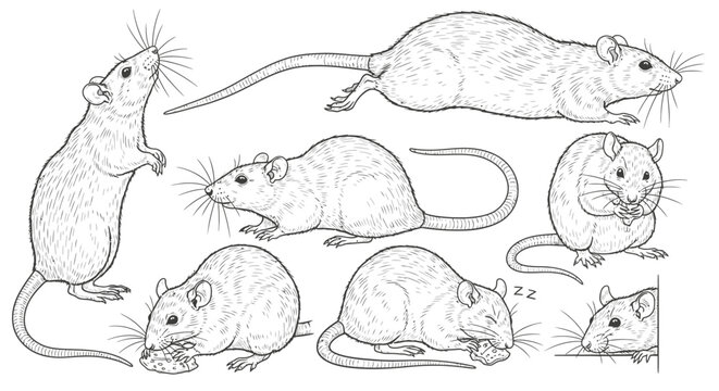 Charming collection of realistic rat illustrations capturing playful and curious moments