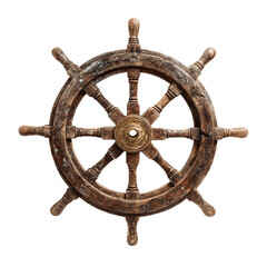 Wooden ship wheel with aged texture. Isolated white background. Png format