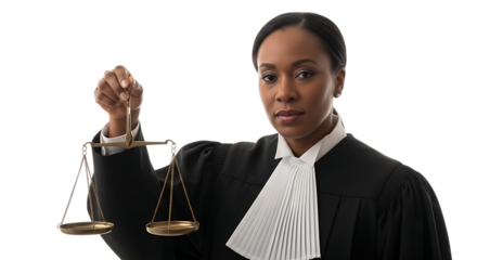 Professional Black Woman Judge in Court Robes Holding a Balanced Scale Symbolizing Justice and Fairness Isolated on Transparent Background