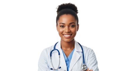 Smiling Black Woman Doctor Wearing Stethoscope and White Lab Coat Standing with Arms Crossed Confident Professional Medical Healthcare Worker Isolated on Transparent Background