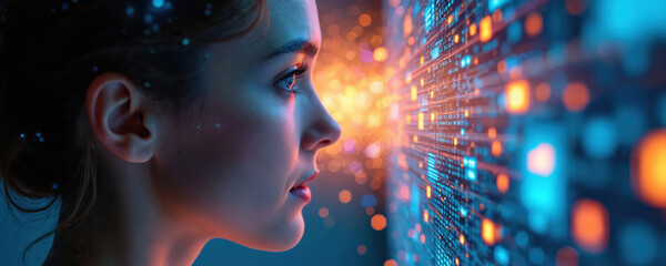 Young woman learns from digital futuristic display with glowing data streams. Futuristic learning environment in high-tech facility. Brainstorming session, skill improvement, strategy analysis for