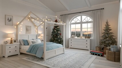Fototapeta premium White minimalist bohemian child bedroom with stockings on bedframe and canopy bed by window for US homes
