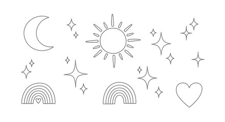 Boho celestial elements like sun, moon, stars, rainbows, and heart create whimsical, positive designs