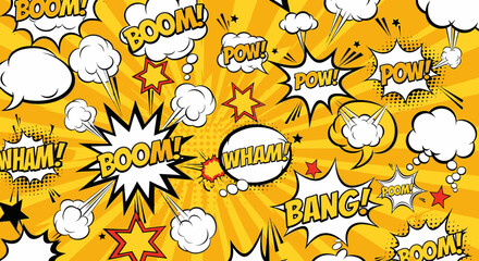 Dynamic comic book explosion with "Boom" and "Wham" sound effects on vibrant yellow background © Avoxel