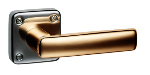 Stylish brass door handle against a polished silver base, showcasing a modern design. transparent png