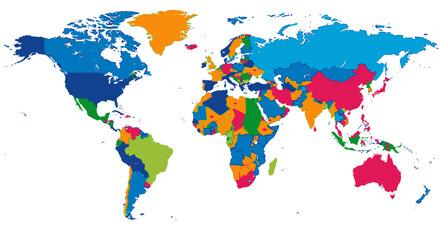 Obraz premium Vibrant political world map with countries clearly defined in bright, distinct colors for global understanding
