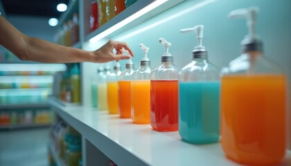 Customer selects refillable shampoo soap bottle at sustainable personal care station. Diverse liquid colors in dispensers on shelf, promoting eco-friendly choices. Hand interacts with product for
