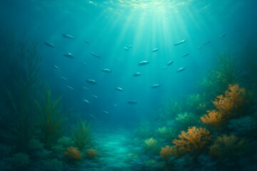 Fototapeta premium Sunlight streams through clear blue ocean water illuminating a vibrant coral reef ecosystem with fish swimming
