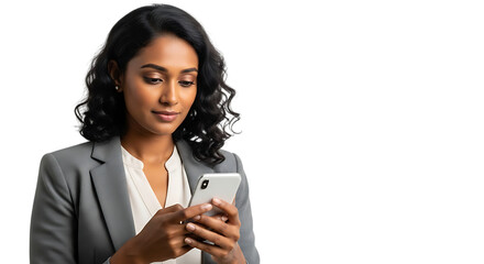Fototapeta premium Focused Indian Woman in Business Attire Texting on Smartphone Demonstrating Professional Communication and Digital Connectivity