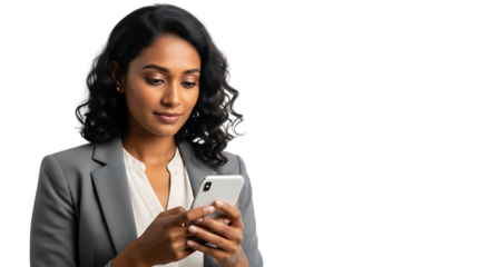 Focused Indian Woman in Business Attire Texting on Smartphone Demonstrating Professional Communication and Digital Connectivity