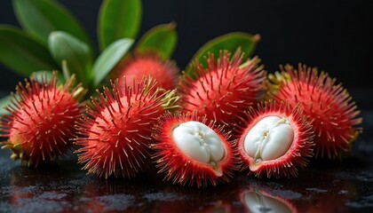 Vibrant pink rambutan fruits with spiky texture shown on shiny dark background with green leaves. Exotic tropical fruit fresh, juicy, delicious, perfect for healthy eating, organic food photography.