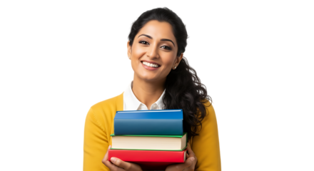Smiling woman holding a stack of colorful books isolated on a transparent background portraying education knowledge learning and intellectual curiosity