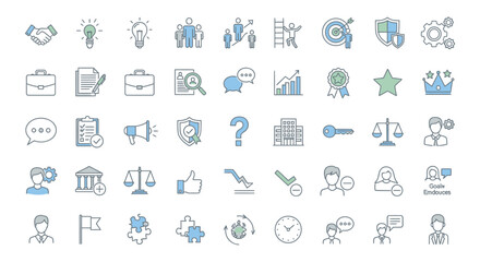 Modern business icons representing strategy, growth, success, and teamwork for professional presentations