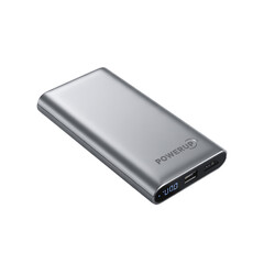 Silver power bank with digital display isolated on a transparent background