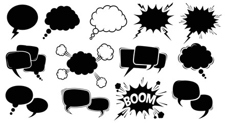 Collection of various black and white comic book speech bubbles in different shapes and styles.