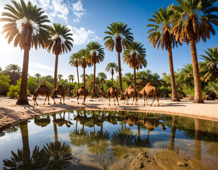 Fototapeta premium Camels reflecting in desert oasis waterhole surrounded by palm trees under blue sky
