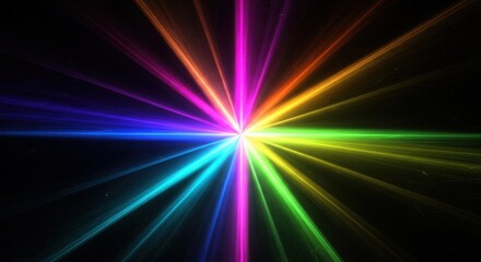 A vibrant rainbow starburst of light emanates from a central point against a dark background