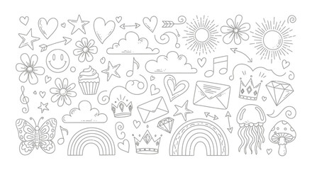 Whimsical doodle elements like hearts, stars, rainbows, and suns create a playful, creative collage for design.