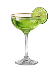 PNG Gimlet cocktail with crushed ice and lime wheel in a cocktail glass. Watercolor illustration with white border isolated on transparent background. Summer drink and citrus refreshment