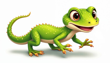 Fototapeta premium Cute cartoon gecko illustration. Adorable green reptile with big eyes, smiling mouth, showing tongue. Happy character, friendly gecko, charming addition for children education, wildlife themes,
