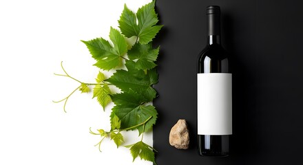 Elegant Still Life Composition of Wine Bottle with Blank Label Vine Leaves and Stone on a Contrasting Background for Branding and Product Presentation