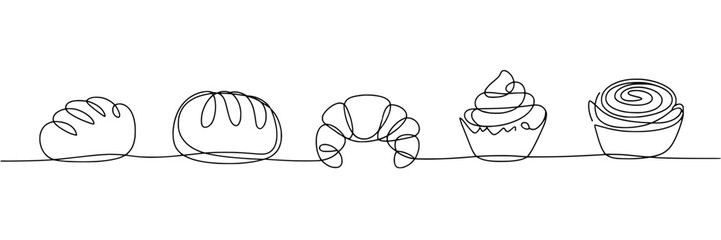 Five Bakery Items: Continuous Line Drawing of Bread, Croissant, and Cupcakes