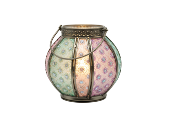A round, decorative lantern with pastel colored panels and a floral design.