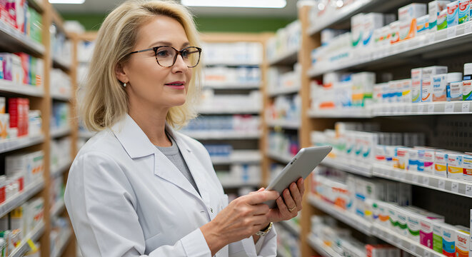 Pharmacist using digital tablet in modern pharmacy healthcare professional medicine drugstore health wellness medical care prescription drugs pharmaceutical industry pharmacist at work