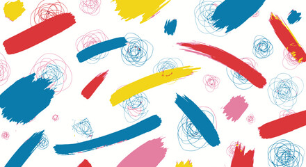 Vibrant abstract art with colorful brush strokes and doodles creates dynamic modern background