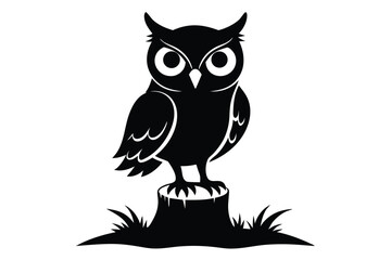Owl Silhouette on Tree Stump Vector Illustration of Nocturnal Bird with Horns