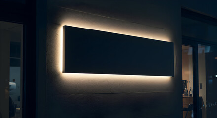 Blank Illuminated Signage Mockup for Nighttime Business Branding Modern Exterior Design Dark Wall Background Restaurant Bar Cafe Shop Sign Template