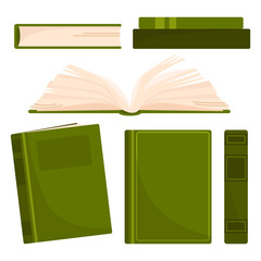 Set of vintage green books, open book and closed book and stack