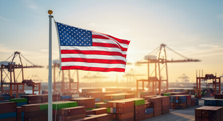 American Flag Waves Proudly Over Busy Port Industrial Shipping Containers Global Trade Sunset