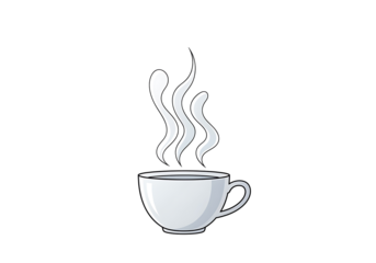 A simple, cartoon-style illustration of a steaming white coffee cup against a black background.