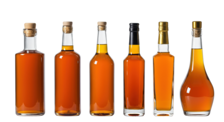 Six distinct clear glass bottles, amber liquid, diverse closures (corks, caps, foil) on transparent, horizontal line, high-key studio product shot, concept of premium elegance and variety