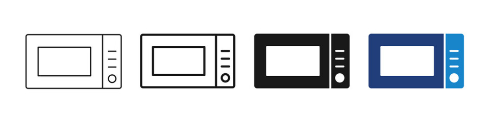 Microwave oven icon set with editable stroke in outline, flat, solid. Vector