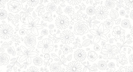 Delicate line art floral pattern featuring roses, lilies, and daisies perfect for creative projects