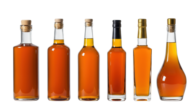 Six distinct clear glass bottles, amber liquid, diverse closures (corks, caps, foil) on transparent, horizontal line, high-key studio product shot, concept of premium elegance and variety