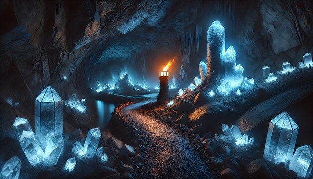 Mysterious cave illuminated by glowing blue crystals and a torchlit path