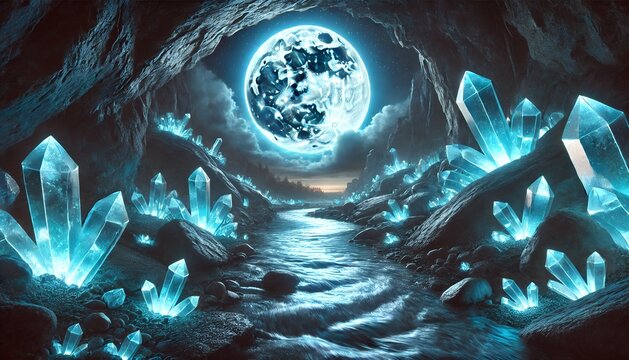 Enchanting cave with glowing blue crystals and a full moon over a winding path