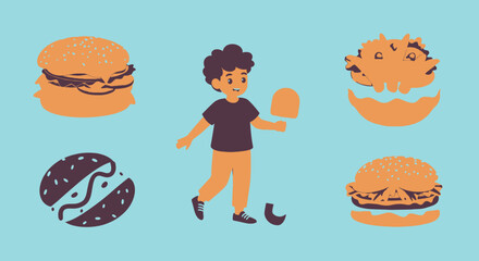 Joyful child with delicious burgers and sweet lollipop, celebrating food fun and childhood treats