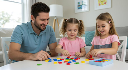Fototapeta premium Happy family playing colorful educational game together at home strengthening bonds and developing cognitive skills joyful playtime learning through play family fun quality time