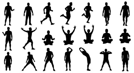 Dynamic male silhouettes capture fitness, yoga, and active lifestyles with diverse poses