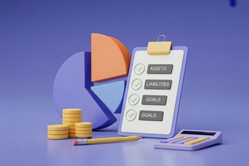 Financial Planning and Goal Setting Illustration with Pie Chart Checklist Calculator Pencil and Coins for Business Success and Investment Strategy on Purple Background