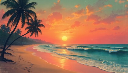 Vintage tropical sunset illustration features palm trees against vibrant orange sky with ocean waves. Retro 60s style evokes nostalgia, perfect for beach posters, summer travel promotions, album