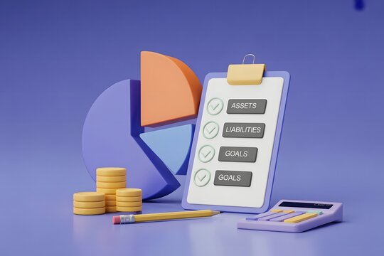 Financial Planning and Goal Setting Illustration with Pie Chart Checklist Calculator Pencil and Coins for Business Success and Investment Strategy on Purple Background