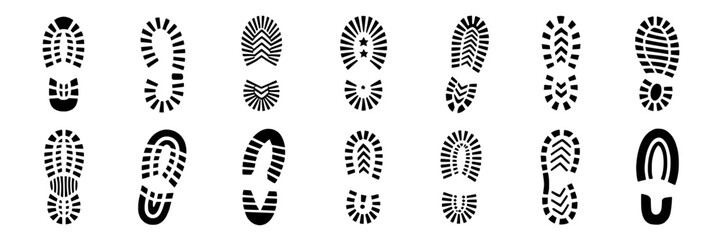 Collection of 16 Unique Black Shoe Print Icons: Varied Designs in a 4x4 Grid on White Background
